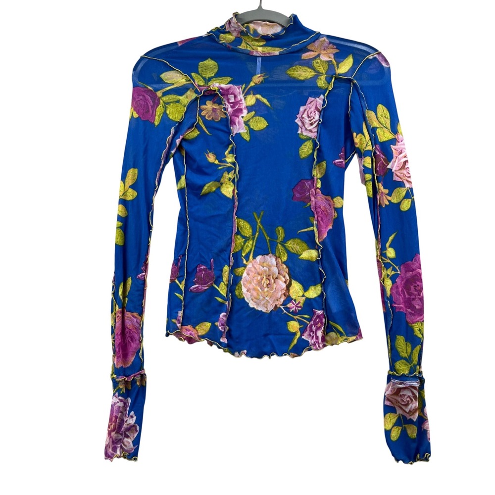 Free People Mesh Top Womens XS Blue Floral Sheer Mock Neck Long Sleeve Y2K